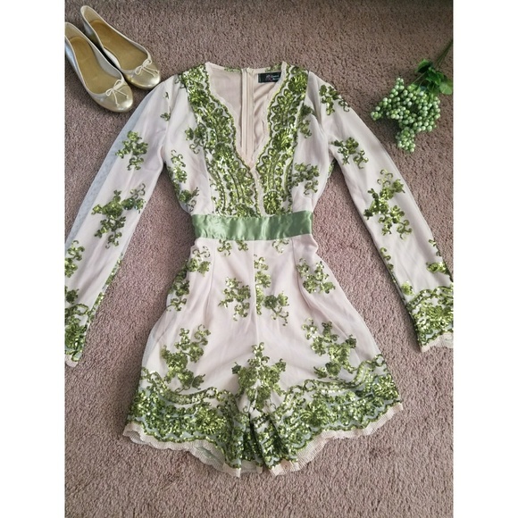 charles richards Pants - Green nude sequin romper 🌿🍃